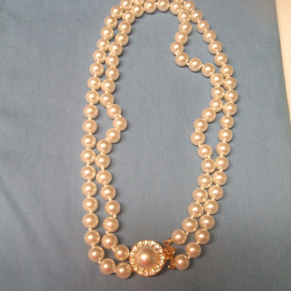 Faux Pearl Cabochon Crystal Double Strand Necklace